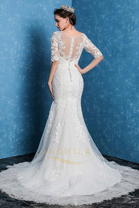 Trumpet/Mermaid Scoop Neck Lace Wedding Dress with 1/2 Sleeves