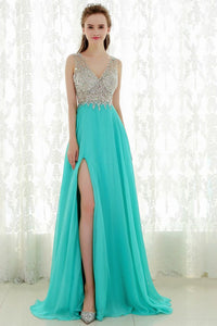 Empire V-neck Long Prom Dress with Beading