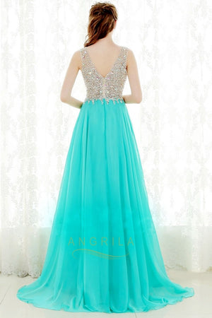 Empire V-neck Long Prom Dress with Beading