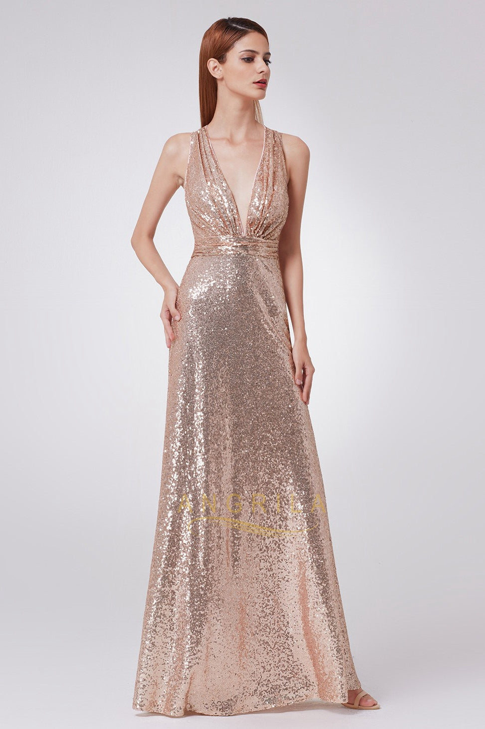 Crisscross-Back Plunging Sequin Sheath Prom Dress