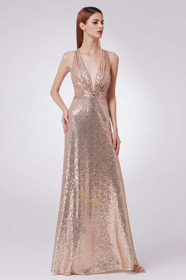 Crisscross-Back Plunging Sequin Sheath Prom Dress