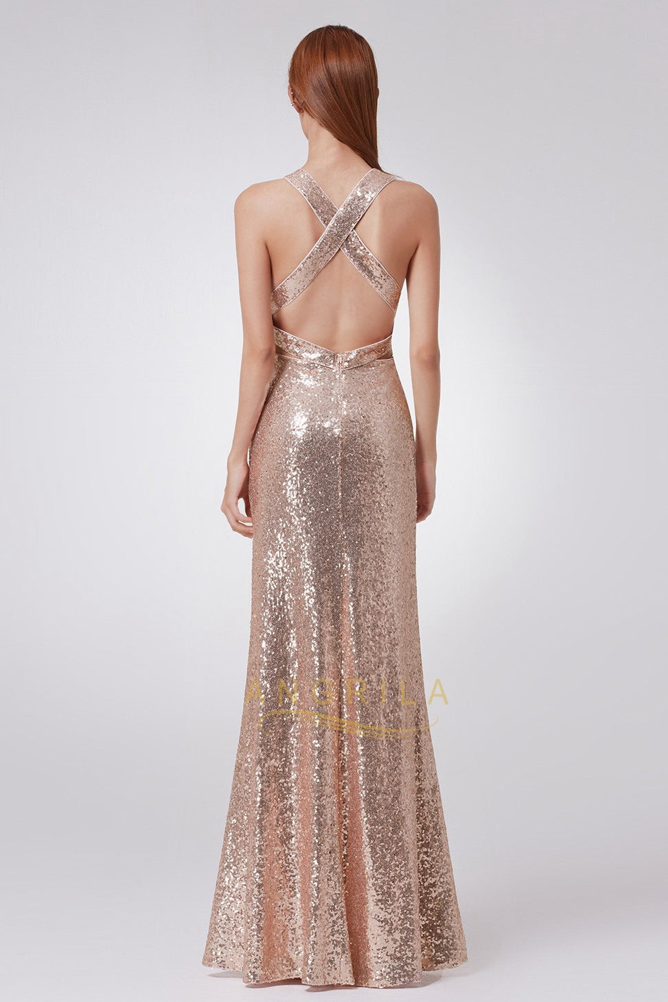 Crisscross-Back Plunging Sequin Sheath Prom Dress
