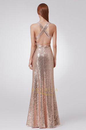 Crisscross-Back Plunging Sequin Sheath Prom Dress
