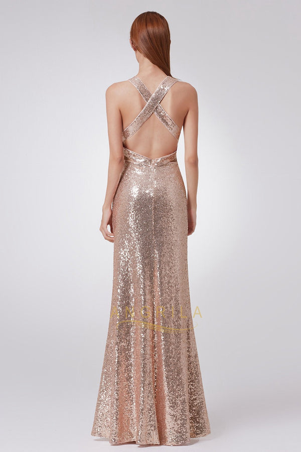 Crisscross-Back Plunging Sequin Sheath Prom Dress