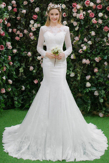 Trumpet/Mermaid Chapel Train Lace Wedding Dress with Long Sleeves