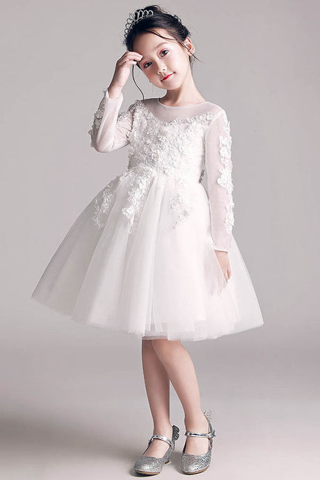 A-Line/Princess Scoop Neck White Flower Girl Dress With Long Sleeves