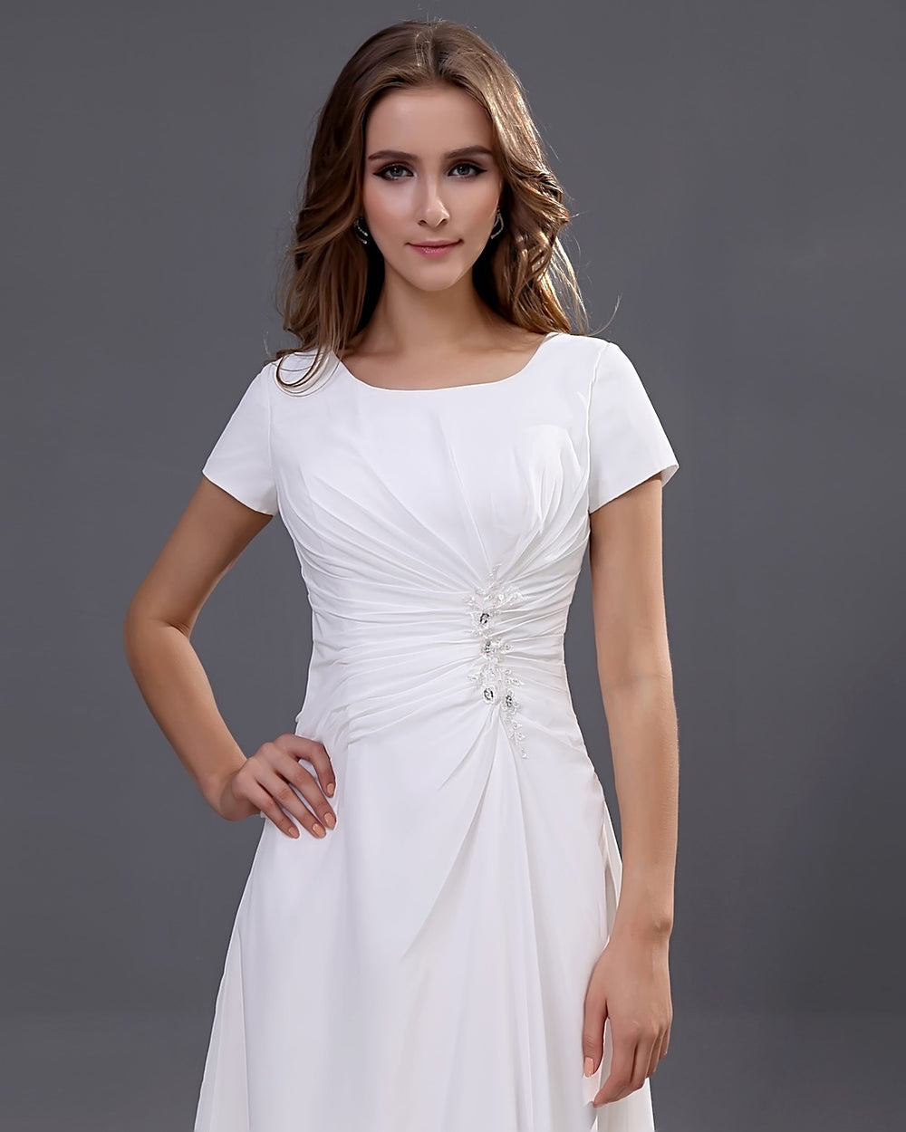 Short-Sleeve Ruched Ankle-Length Chiffon A-Line Wedding Dress