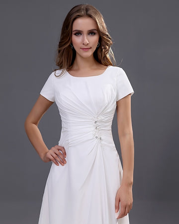 A-line Scoop Ankle-length Chiffon Long Bridesmaid Dresses with Short Sleeves