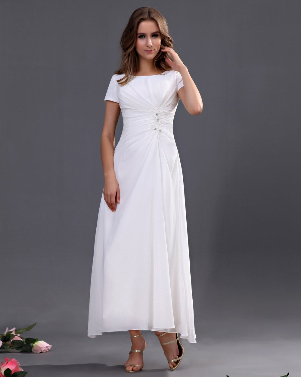 Short-Sleeve Ruched Ankle-Length Chiffon A-Line Wedding Dress