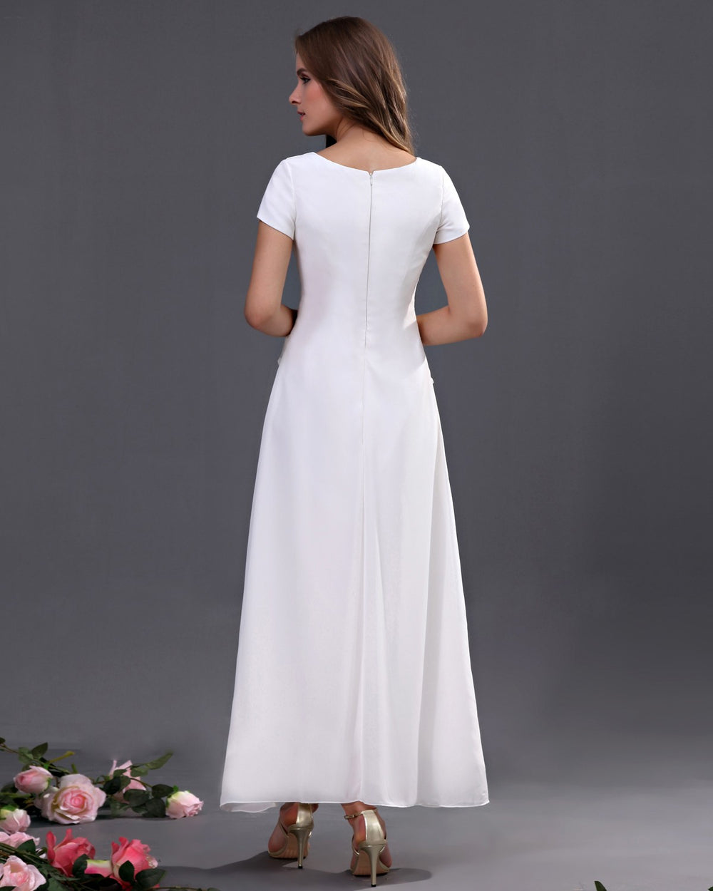 Short-Sleeve Ruched Ankle-Length Chiffon A-Line Wedding Dress