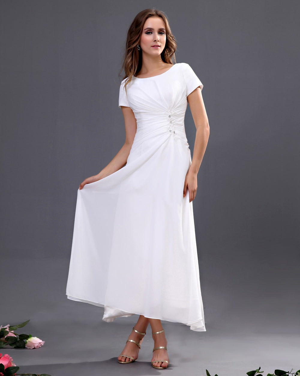Short-Sleeve Ruched Ankle-Length Chiffon A-Line Wedding Dress