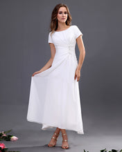A-line Scoop Ankle-length Chiffon Long Bridesmaid Dresses with Short Sleeves