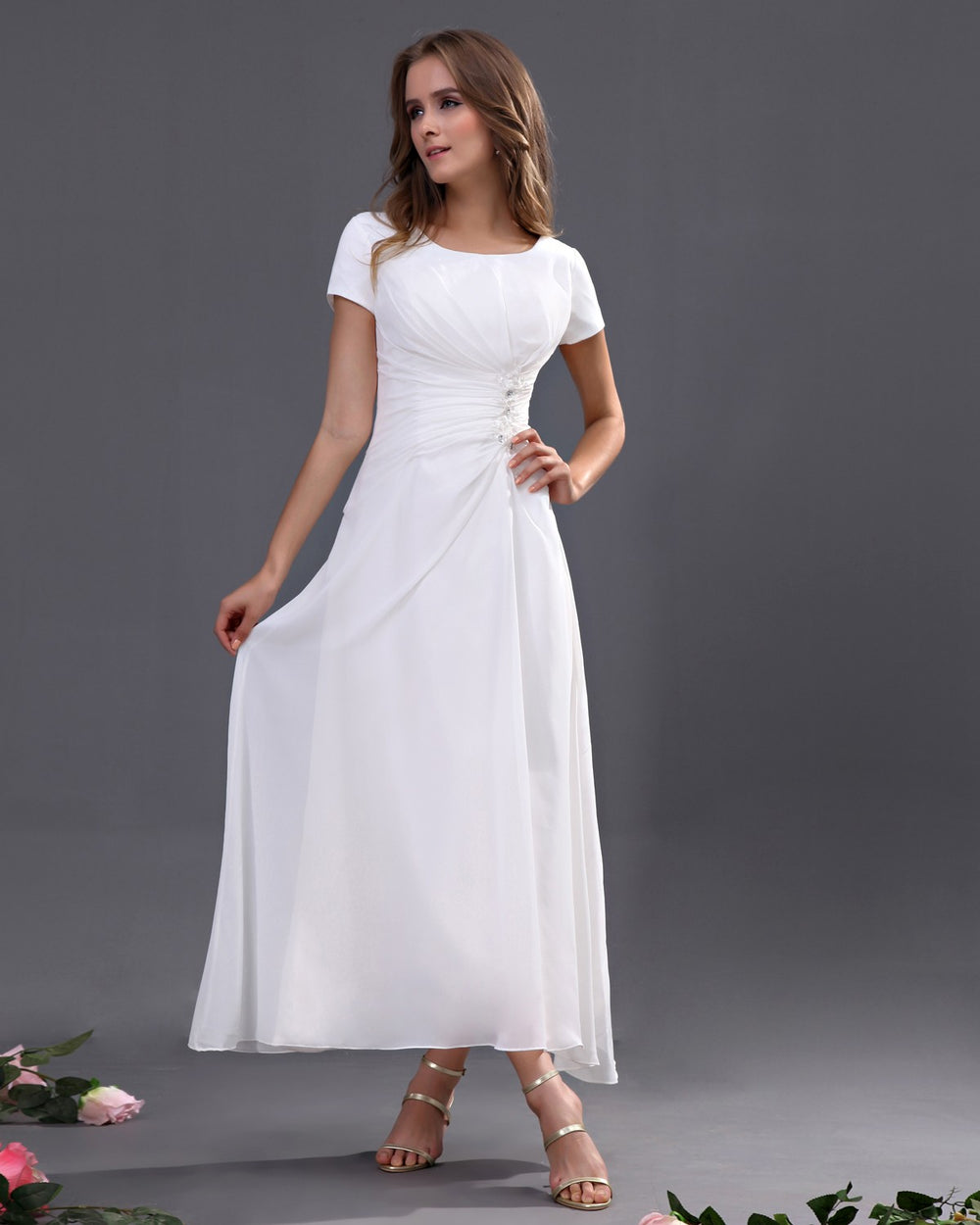 Short-Sleeve Ruched Ankle-Length Chiffon A-Line Wedding Dress