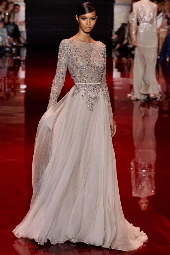 A-line Long Sleeves Applique Beadings Backless Floor length Chiffon Evening Dresses Main image