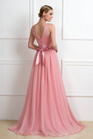 Elegant A-line V-neck Sleeveless Long Chiffon Bridesmaid Dresses with Sash