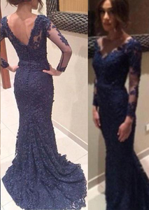 Long Sleeves Mermaid V-neck Applique Sweep Train Lace Evening Dresses