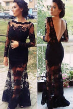 Black Trumpet/Mermaid Long Sleeves Applique Sweep Train Lace Evening Dresses