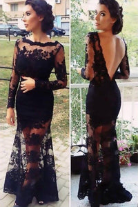 Black Trumpet/Mermaid Long Sleeves Applique Sweep Train Lace Evening Dresses