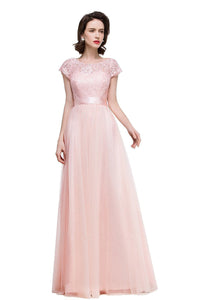 Classic A-line Cap Sleeves Bateau Lace & Tulle Floor-length Bridesmaid Dresses