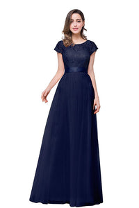 Classic A-line Cap Sleeves Bateau Lace & Tulle Floor-length Bridesmaid Dresses