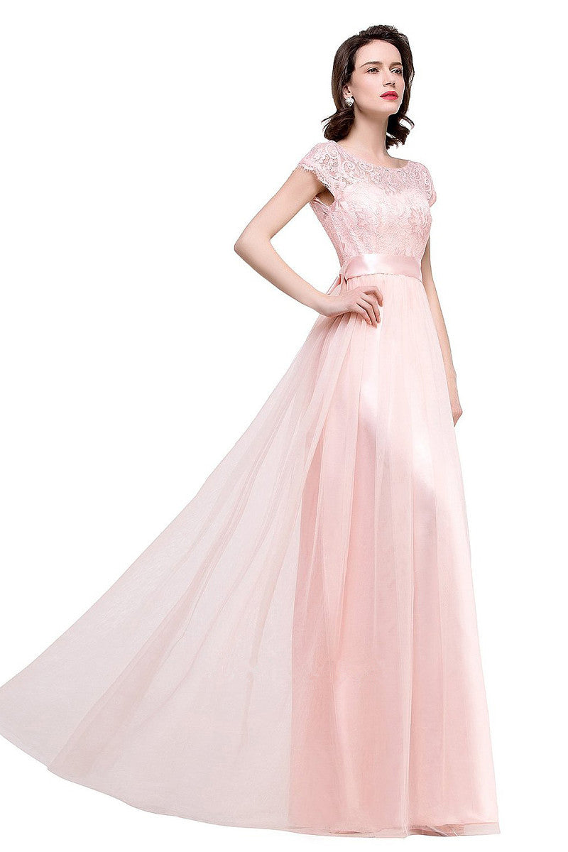 Classic A-line Cap Sleeves Bateau Lace & Tulle Floor-length Bridesmaid Dresses Secondary image