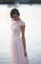 A-Line Cap Sleeves Bateau Neckline Lace Chiffon Floor-length Bridesmaid Dresses