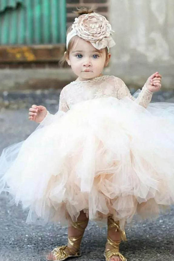 Cute Ball-Gown Scoop Neck Toddler Flower Girl Dress with Long Sleeves