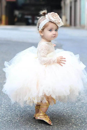 Cute Ball-Gown Scoop Neck Toddler Flower Girl Dress with Long Sleeves