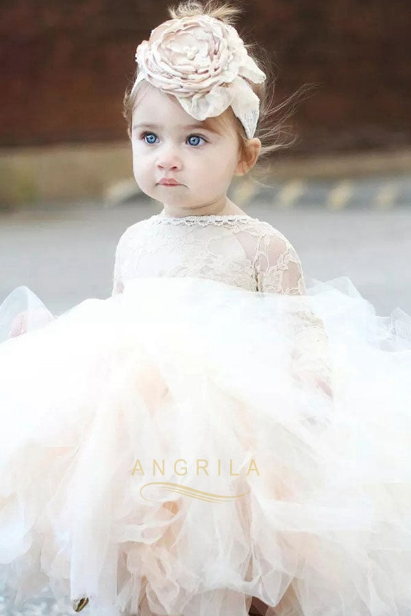 Long-Sleeve Lace and Ruffled Tulle Ball Gown Flower Girl Dress