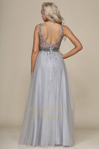 A-Line/Princess V-neck Tulle Long Prom Dress with Sequins