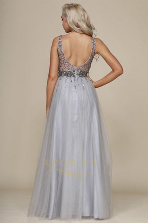 A-Line/Princess V-neck Tulle Long Prom Dress with Sequins