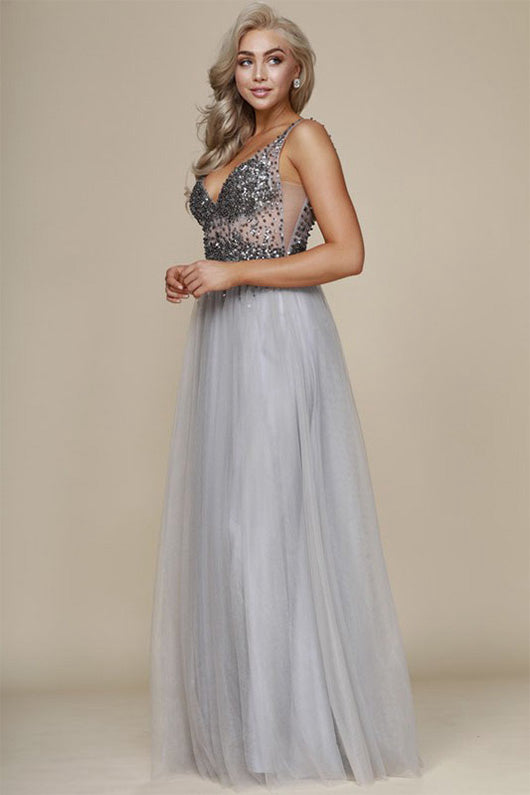 A-Line/Princess V-neck Tulle Long Prom Dress with Sequins