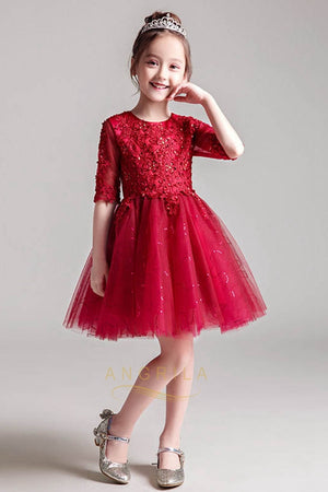 A-Line/Princess Scoop Neck Red Flower Girl Dress with 1/2 Sleeves