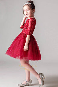 A-Line/Princess Scoop Neck Red Flower Girl Dress with 1/2 Sleeves