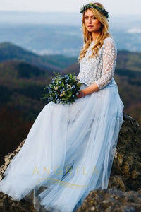A-Line/Princess Two Piece Lace Tulle Beach Wedding Dress with 1/2 Sleeves