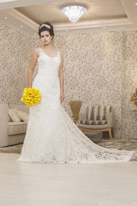 Trumpet/Mermaid Chapel Train V-neck Lace Wedding Dress with Sleeveless