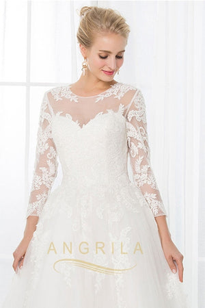 A-Line/Princess Scoop Neck Lace Wedding Dress with Long Sleeves