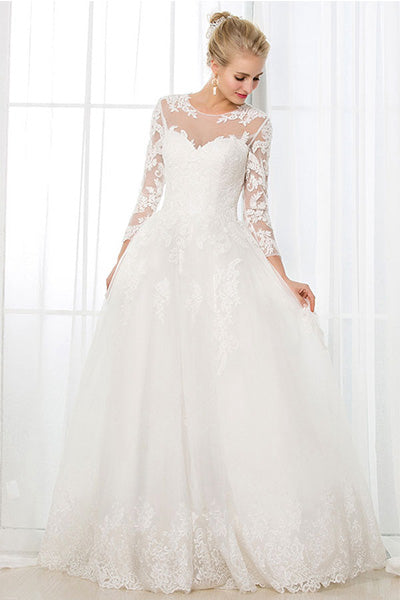 A-Line/Princess Scoop Neck Lace Wedding Dress with Long Sleeves