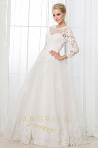 A-Line/Princess Scoop Neck Lace Wedding Dress with Long Sleeves