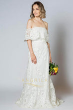 Sheath/Column Sweep Train Off-the-Shoulder Lace Boho Wedding Dress