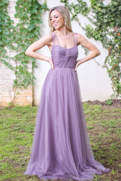 Twist-Front Tulle A-Line Bridesmaid Dress with Illusion Straps