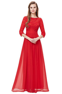 A-line/Princess 3/4 Sleeves V-back Lace Chiffon Long Bridesmaid Dresses