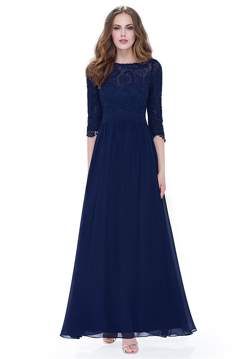 A-line/Princess 3/4 Sleeves V-back Lace Chiffon Long Bridesmaid Dresses Main image