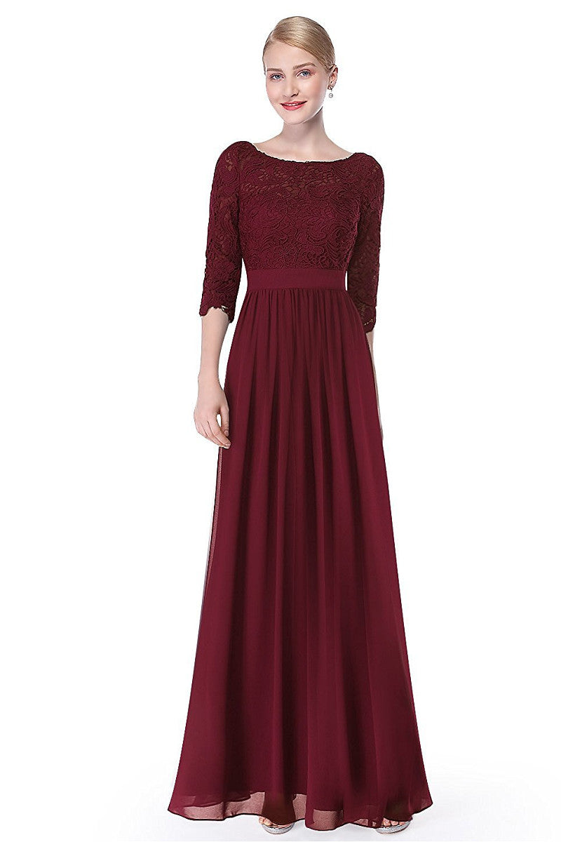 A-line/Princess 3/4 Sleeves V-back Lace Chiffon Long Bridesmaid Dresses