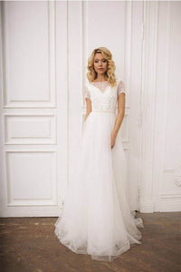 A-Line/Princess Bateau Neckline Tulle Lace Wedding Dress with Short Sleeves