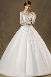 Ball-Gown Chapel Train Scoop Neck Lace Wedding Dress with Long Sleeves