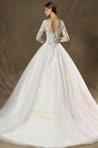Ball-Gown Chapel Train Scoop Neck Lace Wedding Dress with Long Sleeves
