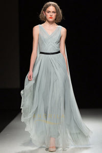 V-neck Tulle Long Evening Dress with Sash Ruffle