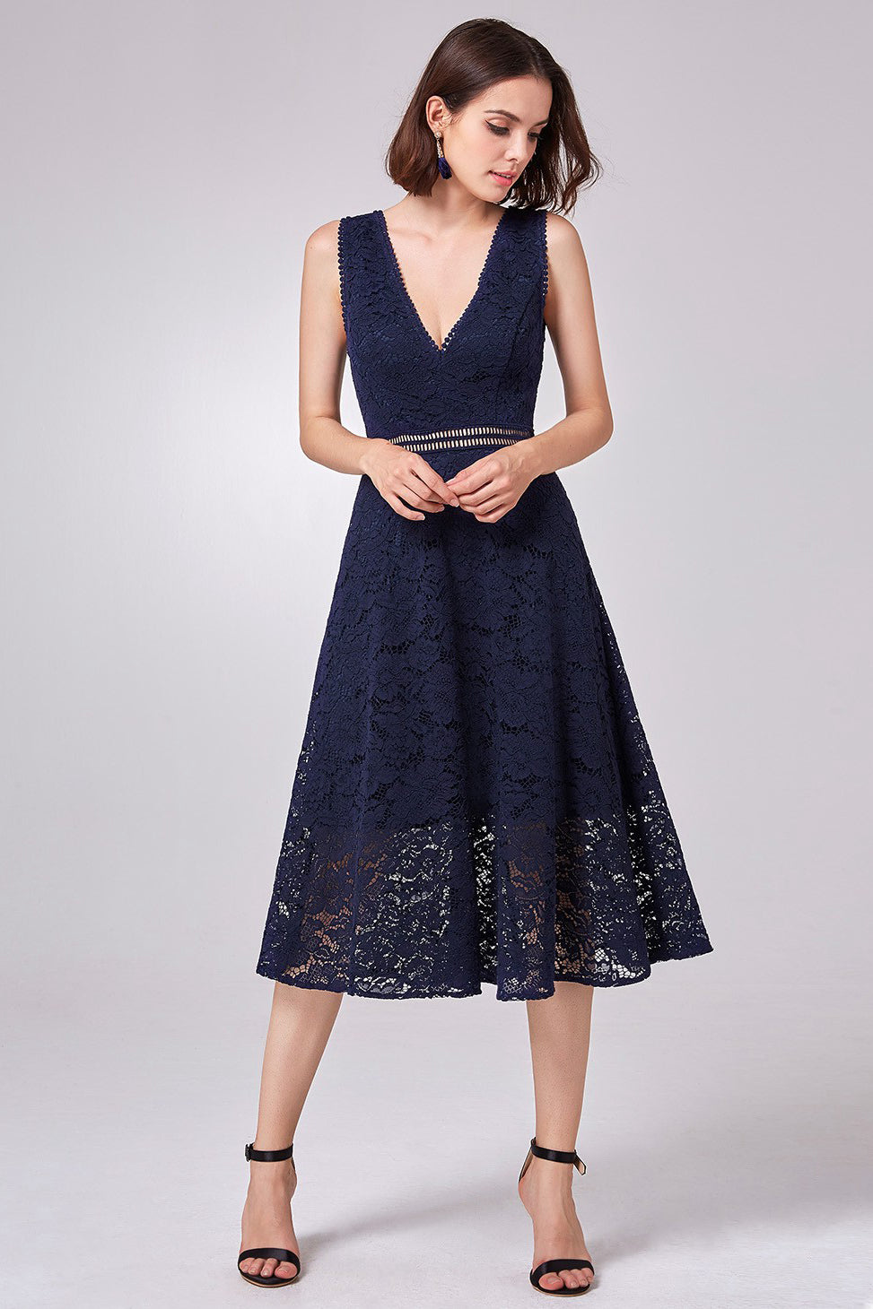 A-Line/Princess V-neck Tea Length Mother of the Bride Dress with Lace Main image