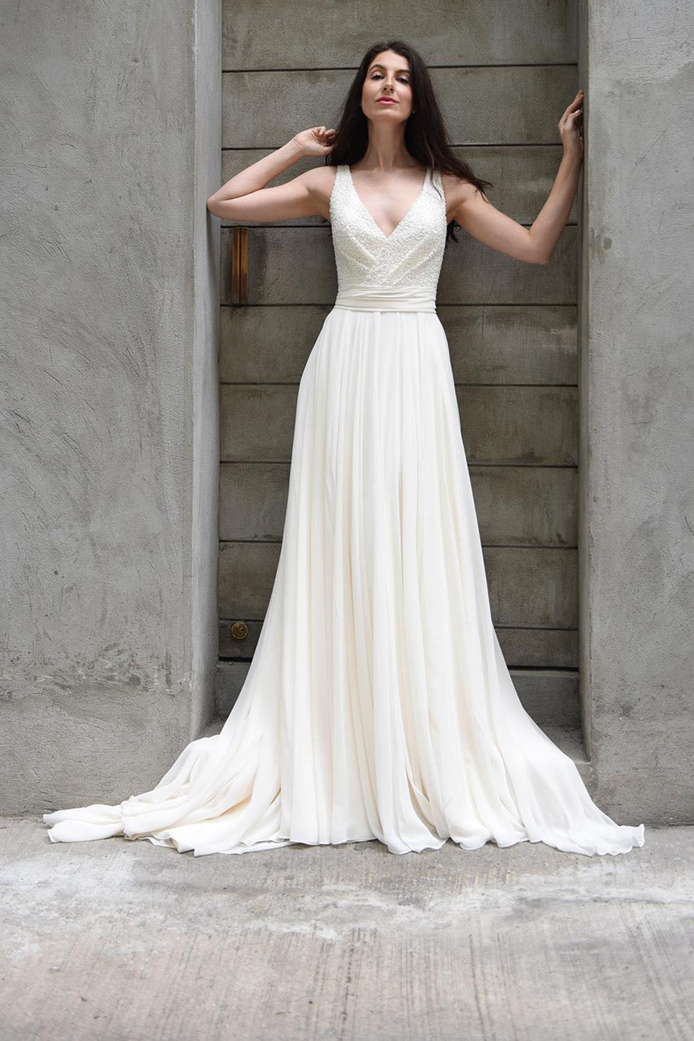 A-Line/Princess V-neck Court Train Wedding Dress with Sequins